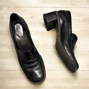 Naturalizer Black Leather Chunky Textured Square Loafer Oxford Heels 8.5